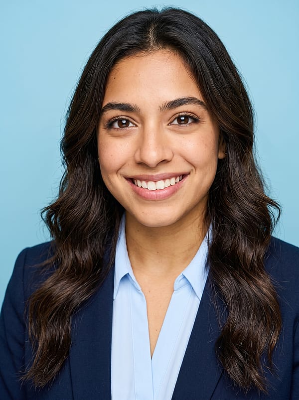 Friendly professional headshot against light blue background, approachable expression, smart casual business attire.