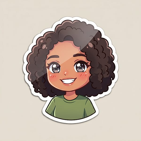 Cute sticker-style character portrait with thick white outline border and die-cut look, playful kawaii aesthetic