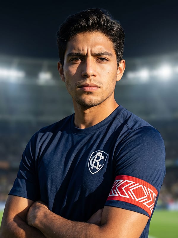 Close-up of a captain's armband on the upper arm, determined expression with stadium backdrop and dramatic side lighting.