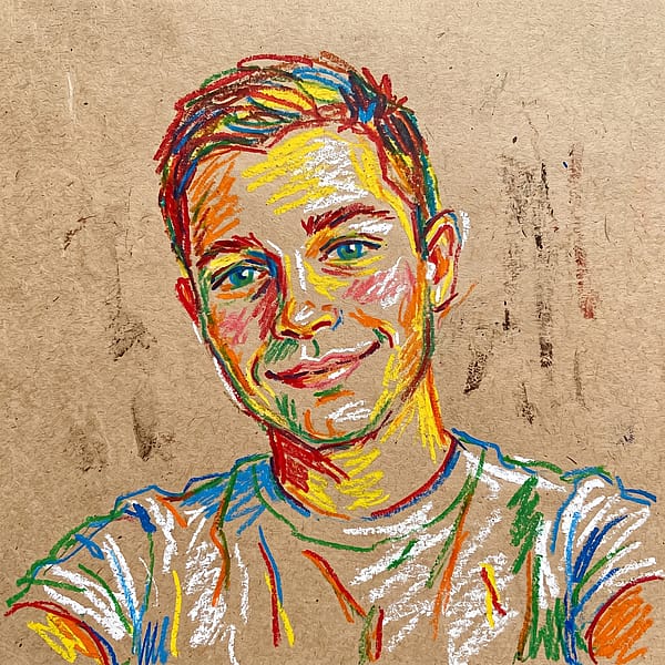 Playful crayon drawing portrait with chunky colorful strokes on craft paper, childlike innocent art style