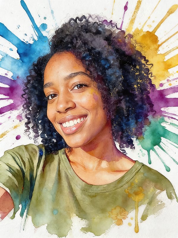 Watercolor portrait with vivid paint splashes and wet-on-wet technique, artistic drips on soft white paper