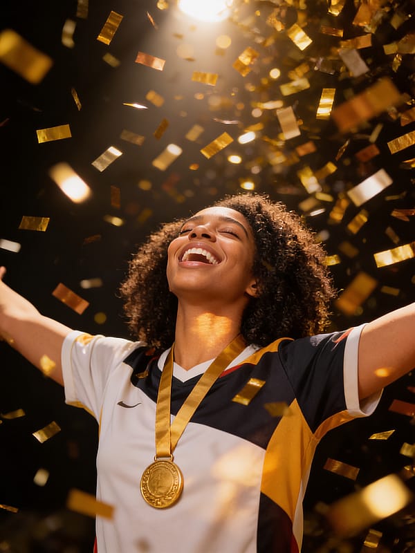 Fan in team jersey showered with golden confetti, arms spread wide, dark background with warm spotlight celebration.