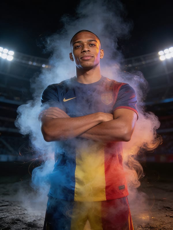 Fan standing in dramatic colored smoke clouds matching national flag colors, atmospheric stadium with moody lighting.