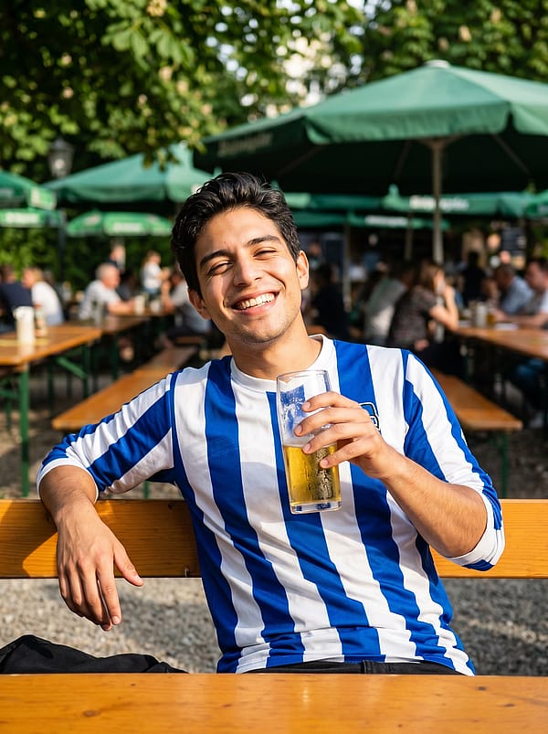 Relaxed fan at an outdoor beer garden watching a match, beverage in hand, warm afternoon sun and festive atmosphere.