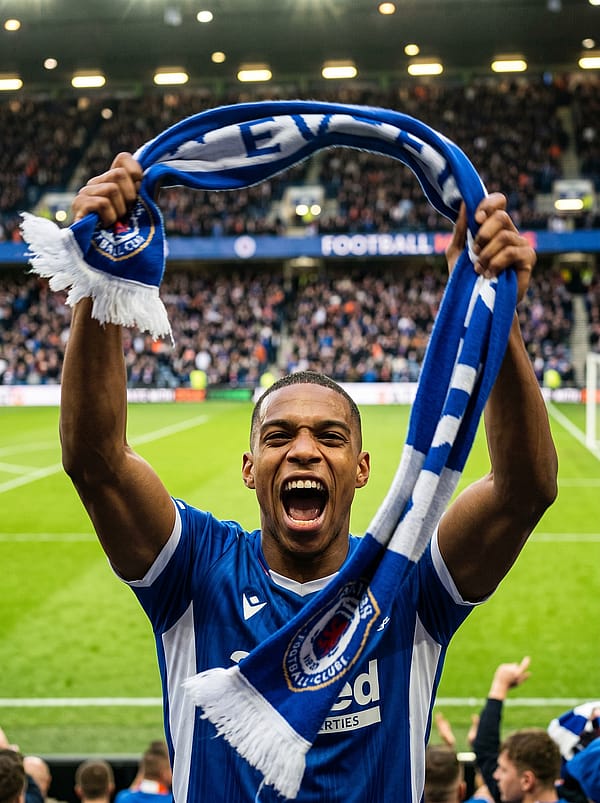 Fan enthusiastically waving a long team scarf above head, blurred stadium crowd and vivid green pitch in the background.