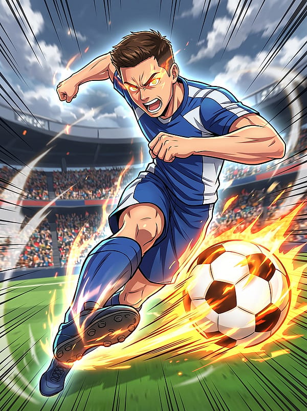 Anime-style football player mid-power shot with explosive energy aura, dynamic action lines and dramatic stadium background.