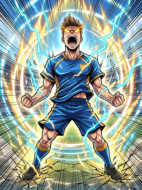 Anime power-up transformation of a football fan with explosive energy burst, glowing aura and dynamic action lines.
