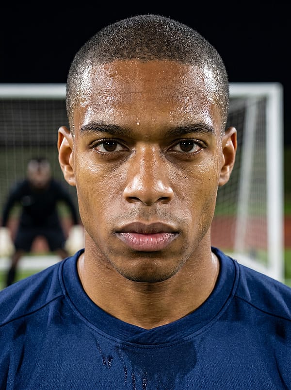 Intense close-up of a player before a penalty kick, stone-cold focused expression, stadium goal in soft background.