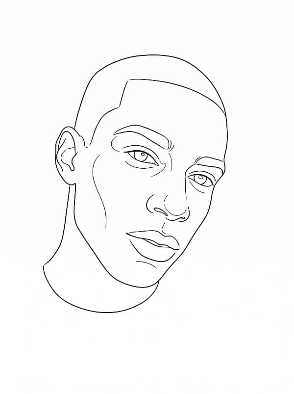 Minimalist clean line drawing portrait with thin precise outlines on pure white, modern illustration style