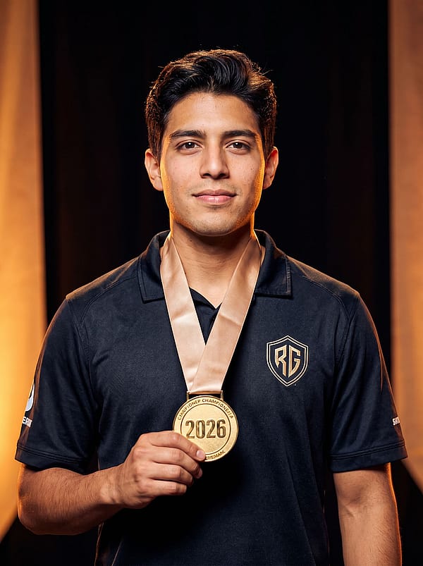 Fan wearing a gold medal with ribbon, proud expression under warm ceremony lighting, dark elegant background.
