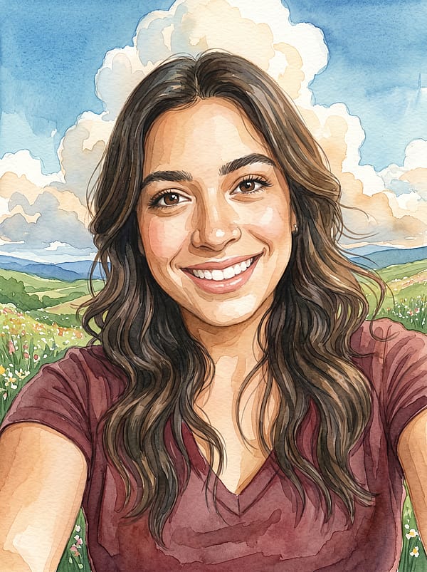 Dreamy Miyazaki-inspired portrait with soft watercolor anime style, gentle lighting, and lush hand-painted scenic background.