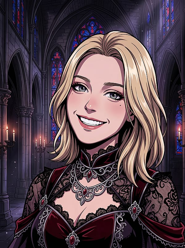 Moody gothic anime portrait with deep shadows, ornate dark clothing details, and rich atmospheric dark fantasy setting.