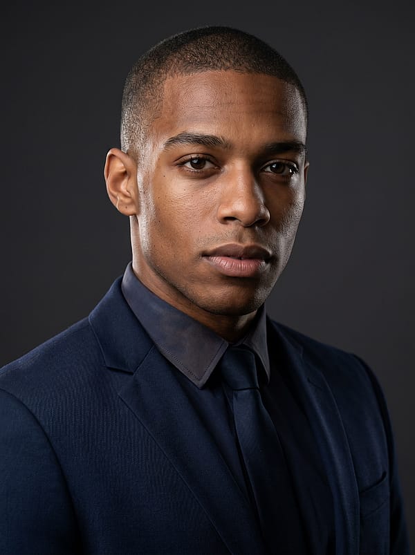 Executive portrait with dark background and professional lighting, conveying authority for senior-level profiles.