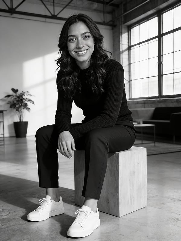 Black and white editorial portrait on a wooden block in a modern loft, natural window light, clean aesthetic.