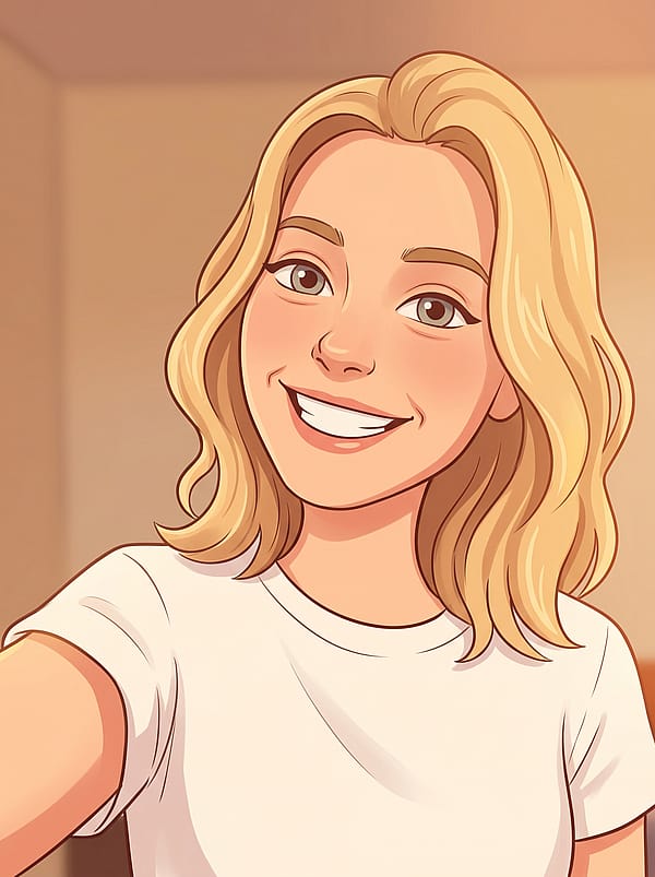 Warm-toned cartoon illustration portrait with soft rounded shapes and cozy color palette, friendly style