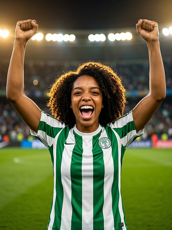 Fan in a national team jersey with raised arms and roaring celebration, packed stadium lights and green pitch background.