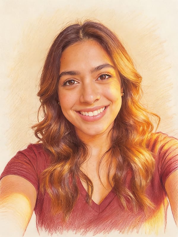 Vibrant colored pencil portrait with visible pencil strokes and warm tones on textured artistic paper