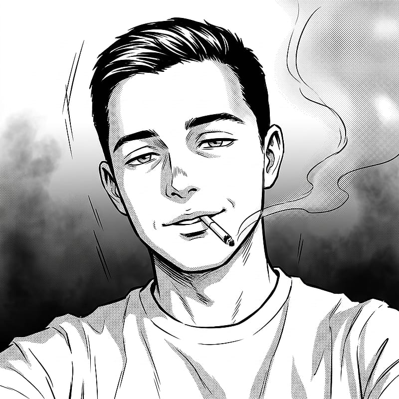 Monochrome manga PFP of a cool figure exhaling cigarette smoke, swirling ink smoke wisps and screentone haze.