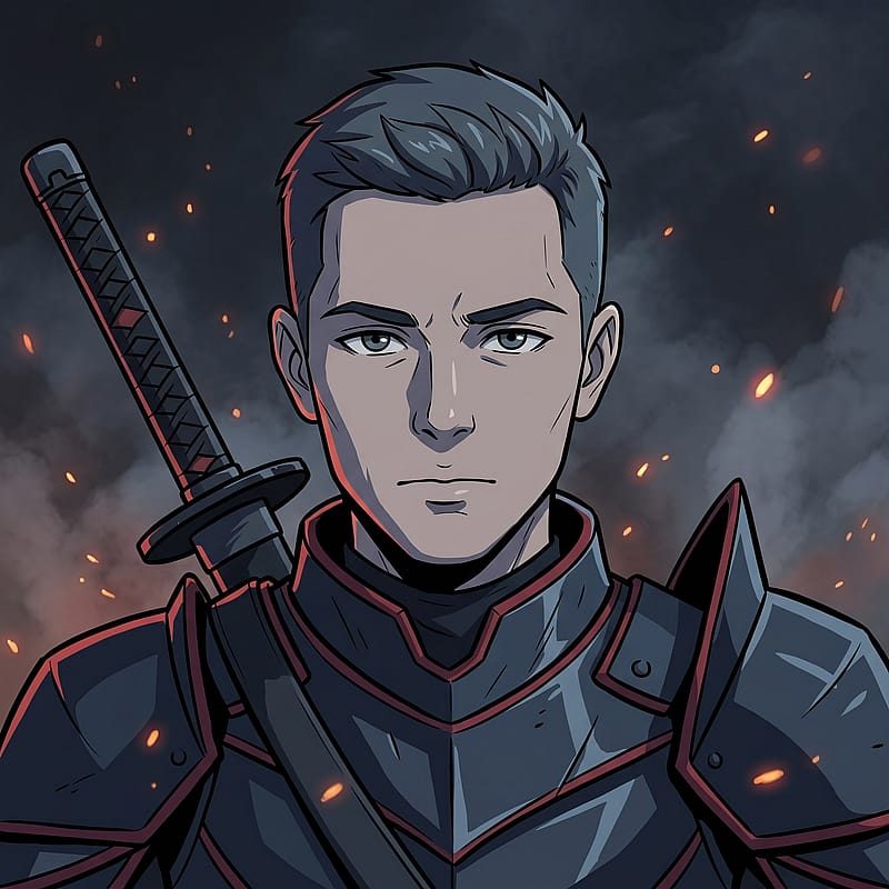 Anime dark hero with a sword resting on one shoulder, intense calm gaze, smoky dark fantasy background.