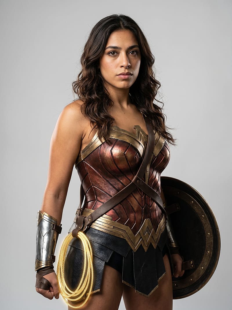 Female warrior in bronze and red metallic battle armor with shield and lasso, determined heroic studio portrait.