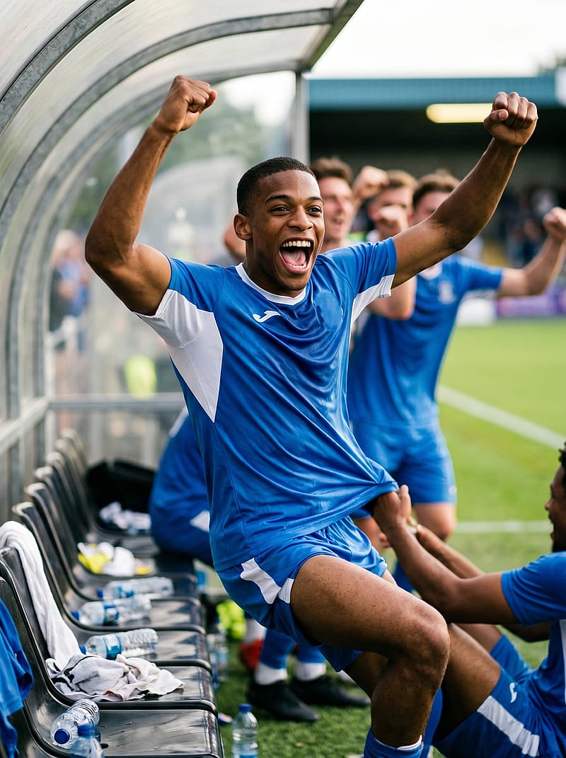 Player on the bench leaping up with arms raised in celebration, teammates blurred behind, sideline perspective.