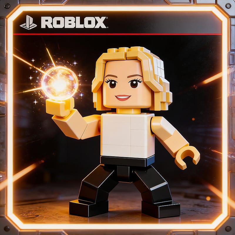 Roblox blocky avatar in a dynamic pose holding a glowing energy orb, game-cover vibe, dramatic cinematic lighting.