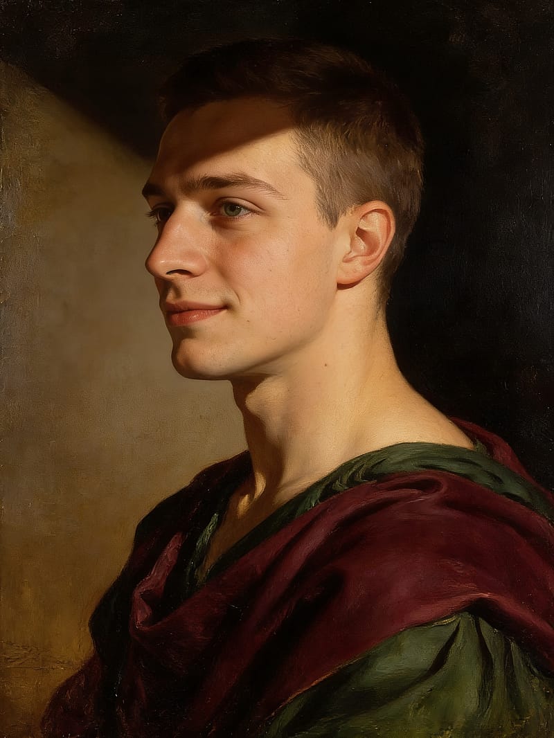 Italian Renaissance portrait with sfumato technique, dark chiaroscuro background, and Old Masters quality.