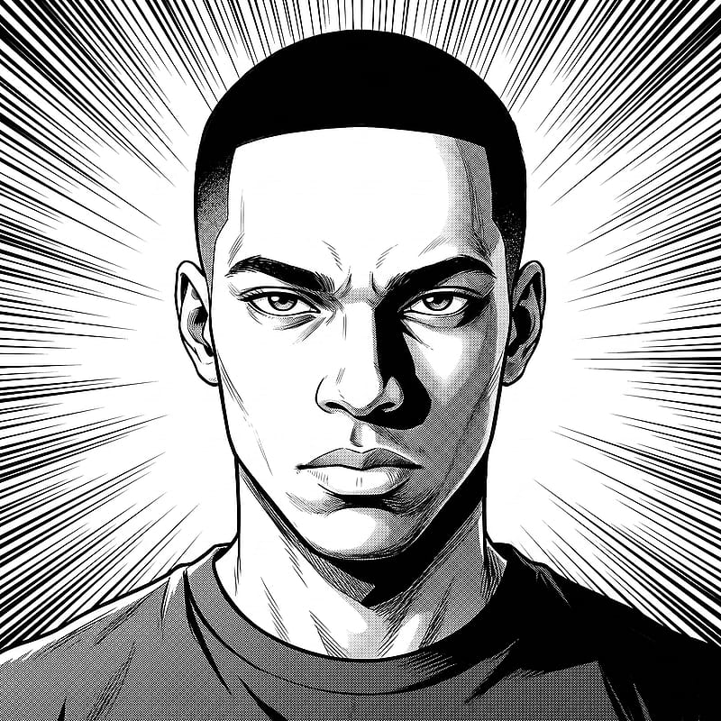 Black-and-white manga PFP with a piercing cold glare, sharp ink linework and dramatic screentone shadows.