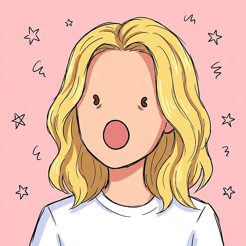 Goofy anime doodle with bean-shaped dot eyes and a wide open circle mouth, silly derpy stare, flat pastel background.