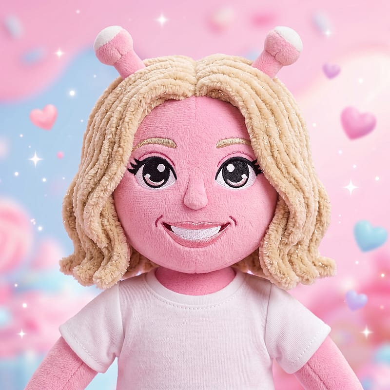 Pink plush alien toy portrait with big sparkly eyes and antennae on a candy-sweet pastel background.