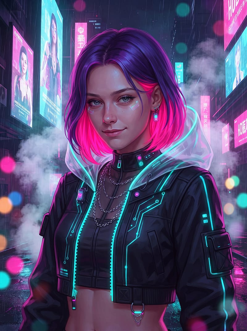 Stylish neon street cyberpunk OC in a glowing techwear jacket with colorful hair and holographic ads.