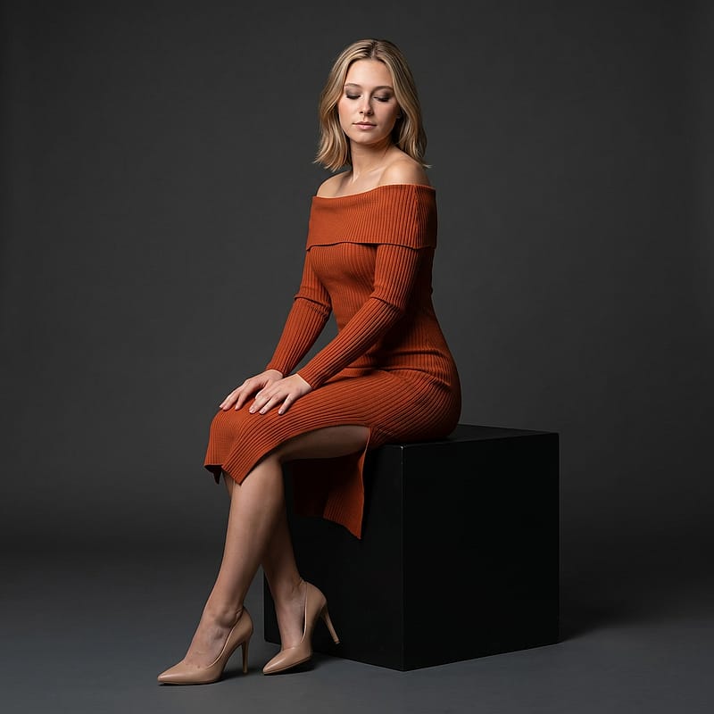 Elegant studio portrait on a black cube in a burnt-orange off-shoulder dress, Rembrandt lighting style.