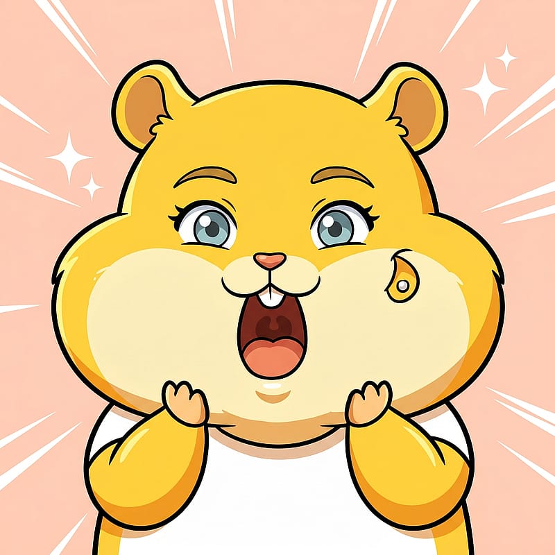 Cute chubby yellow cartoon hamster with puffy cheeks and a shocked open-mouth expression, adorable meme vibe.