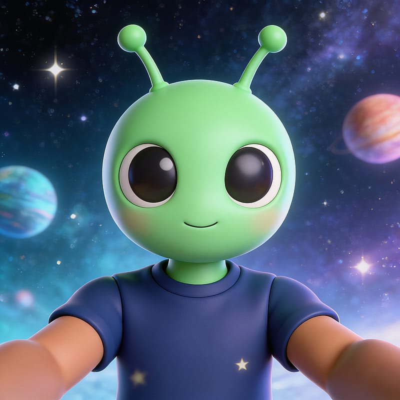 Cartoon green alien toy floating weightless among stars and planets in a dreamy cosmic scene.