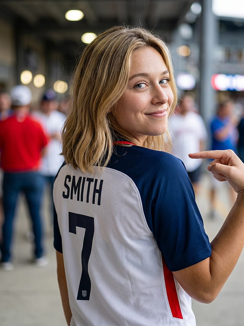 Passionate fan pointing at the team name on the back of their jersey, intense stadium atmosphere with warm lighting.