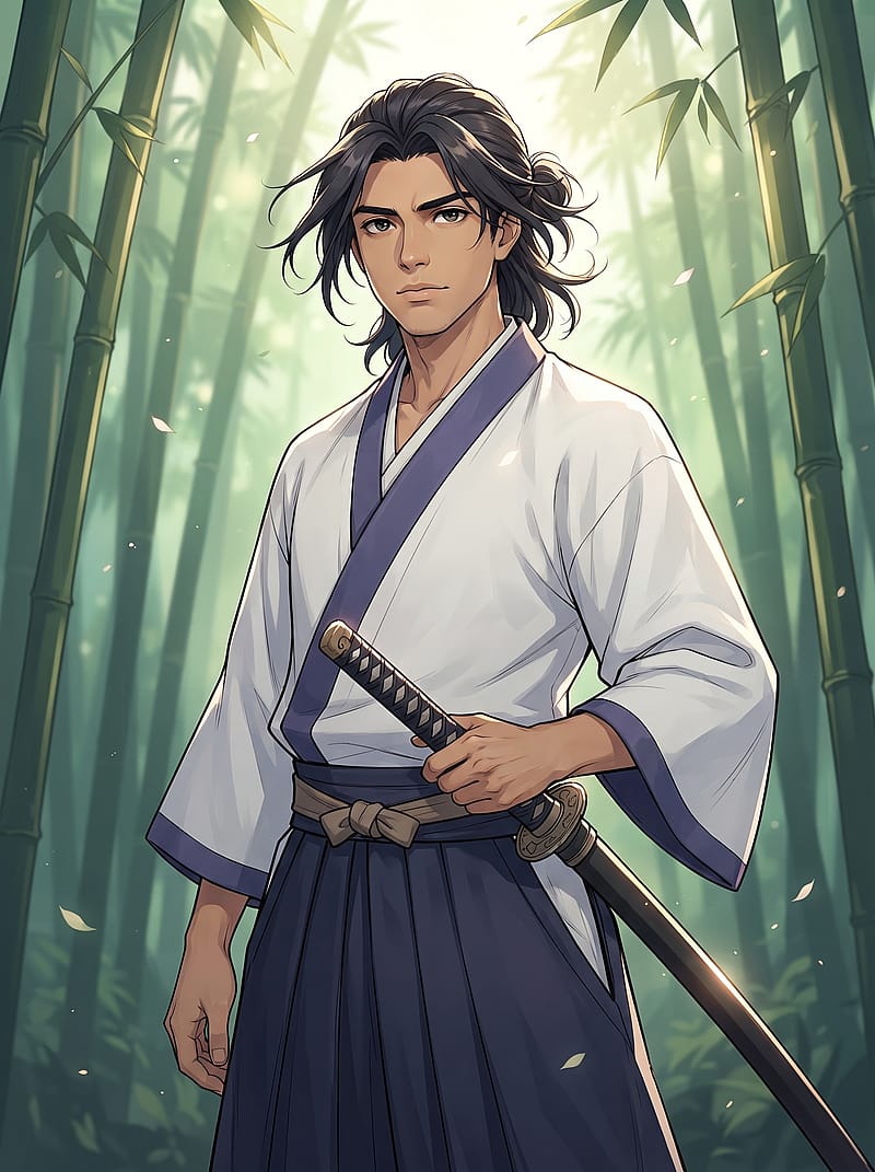 Cool anime swordsman OC gripping a katana, white and indigo outfit in a sunlit bamboo grove.