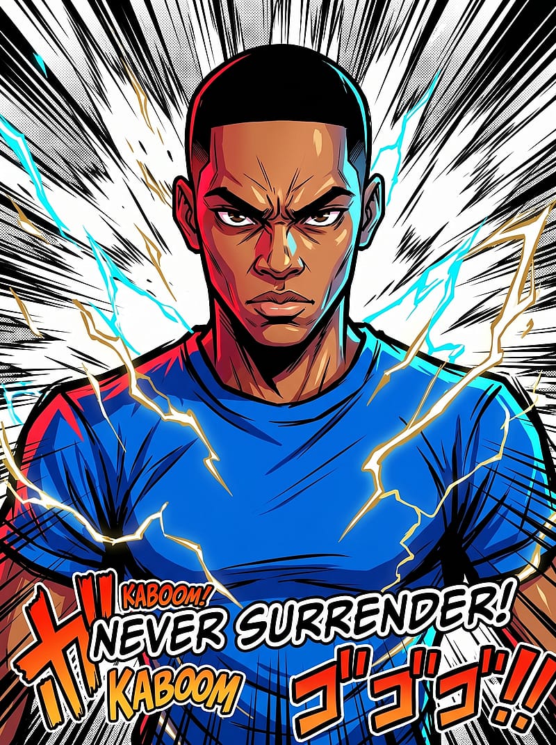 Dynamic shonen manga portrait with intense expression, dramatic speed lines, bold contrasts, and fierce energy.