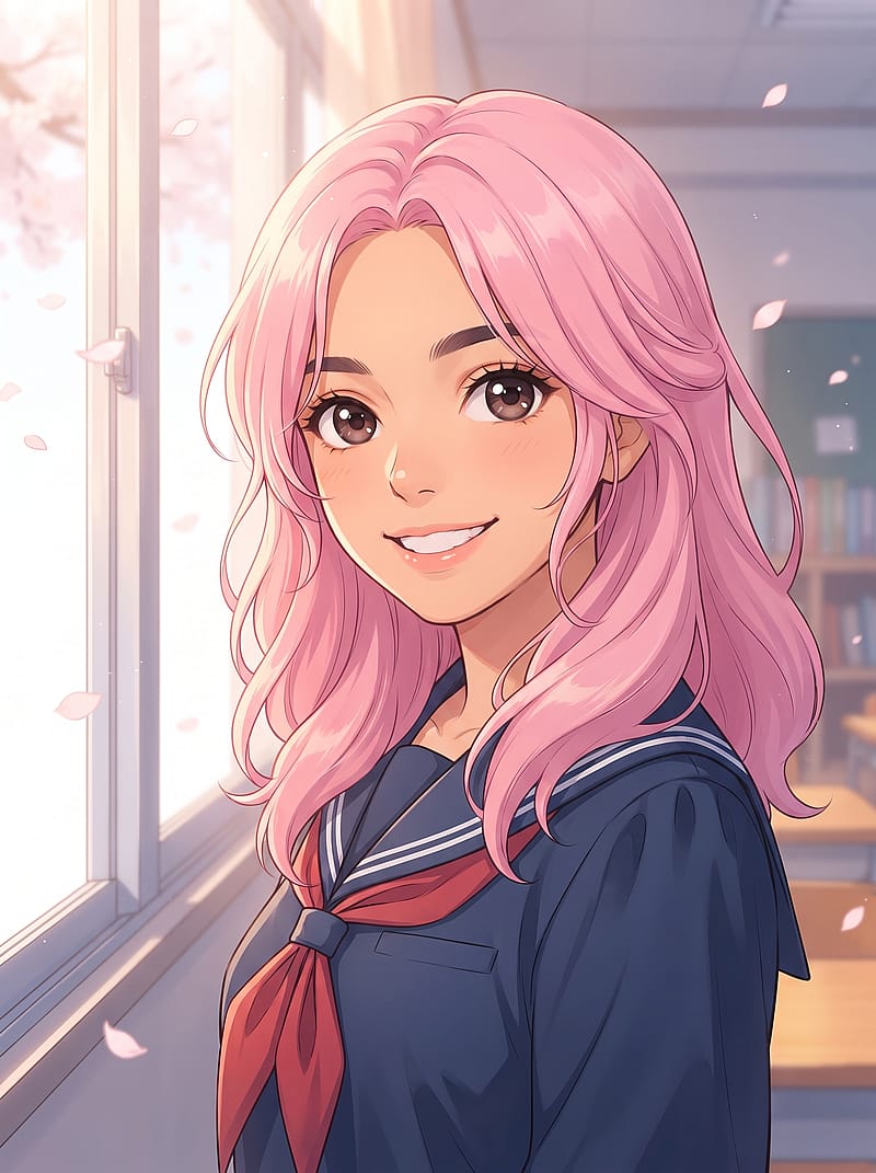 Anime student OC with vivid pink hair and a navy school uniform, bright classroom window light and cherry blossoms.