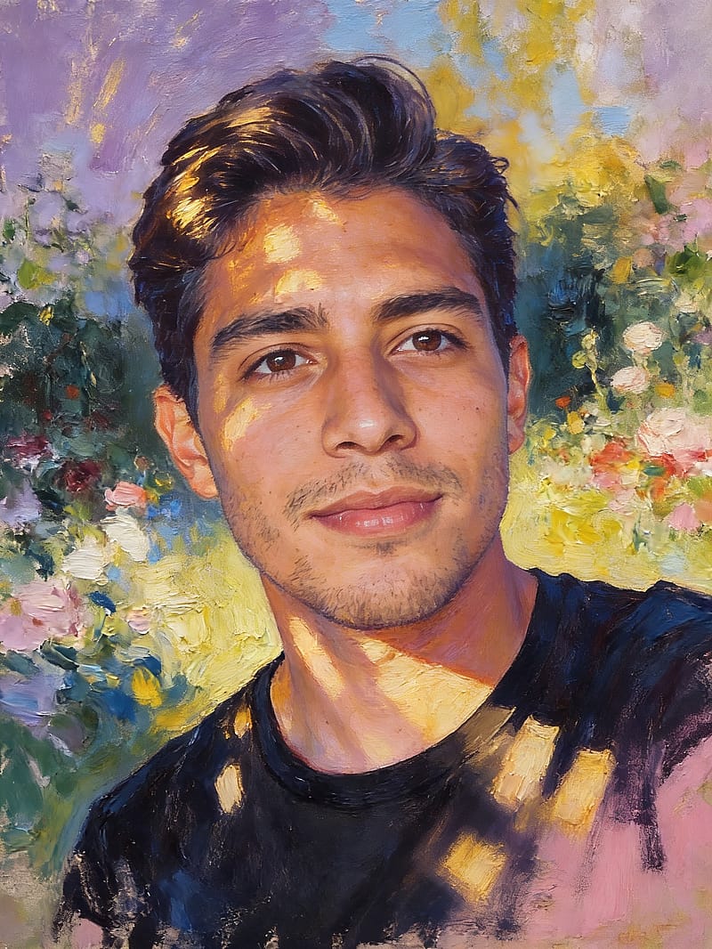 Impressionist painting with loose visible brushstrokes, dappled light, and Monet-inspired plein-air color palette.