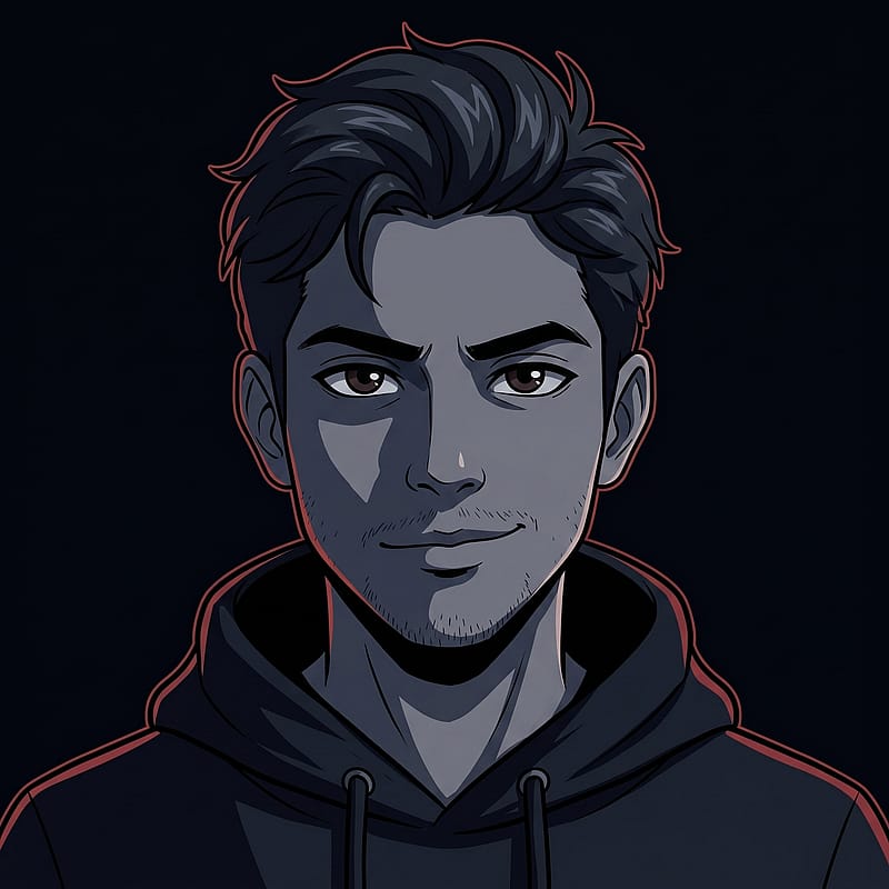 Edgy dark-haired anime boy with a confident smirk, black hoodie, deep shadow background, Discord pfp aesthetic.