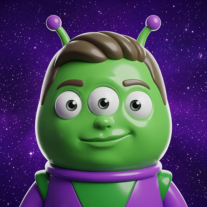 Cute three-eyed green toy alien with three round eyes and antennae on a starry purple background.