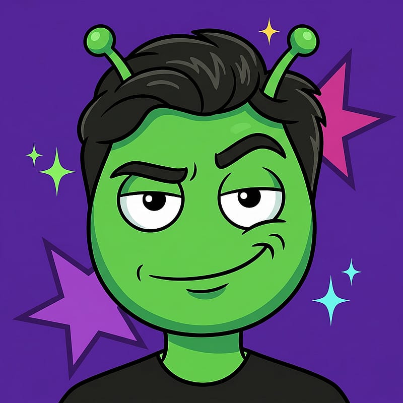 Cartoon green alien with a smug confident smirk, big round eyes and antennae on a meme-style background.