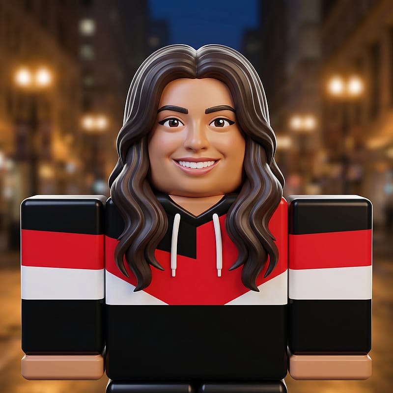 Roblox blocky avatar in a color-block hoodie, urban vibe, glossy plastic 3D render on a blurred city backdrop.