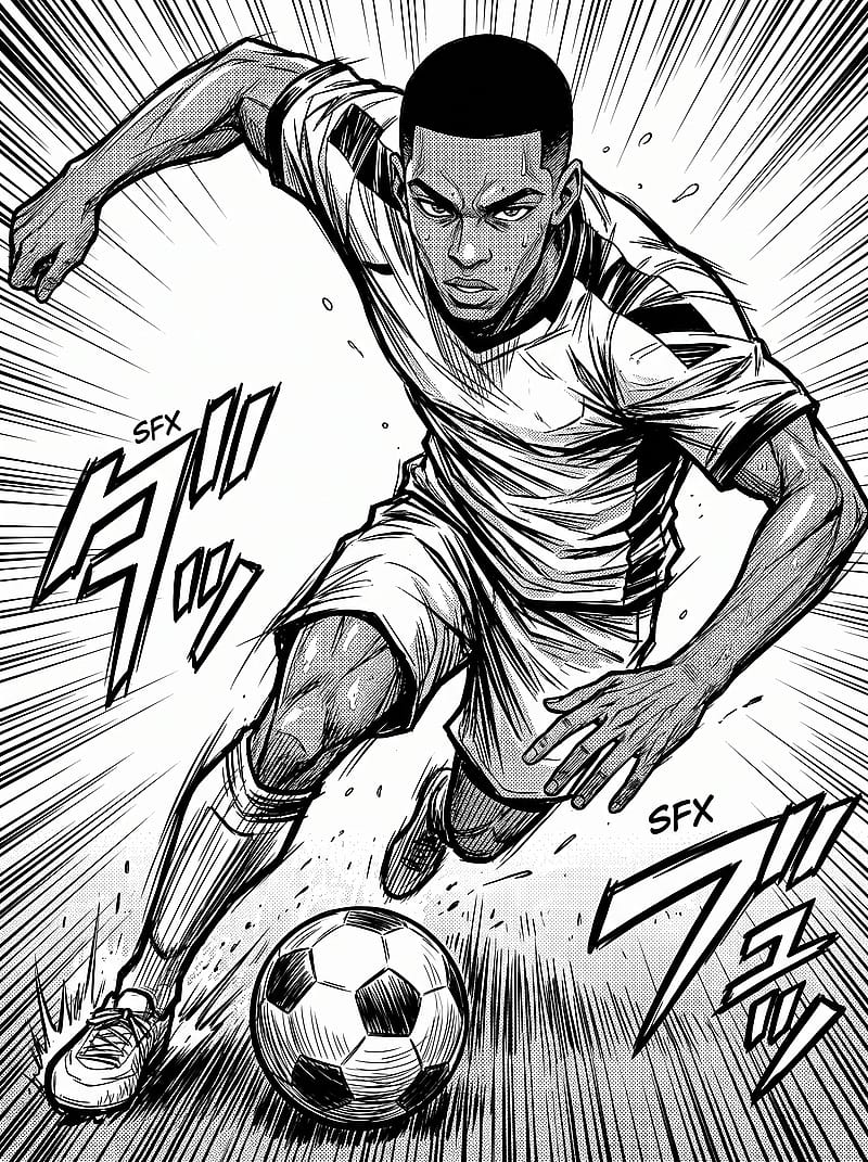 Black and white manga-style football player dribbling at super speed with dramatic motion lines and dynamic composition.