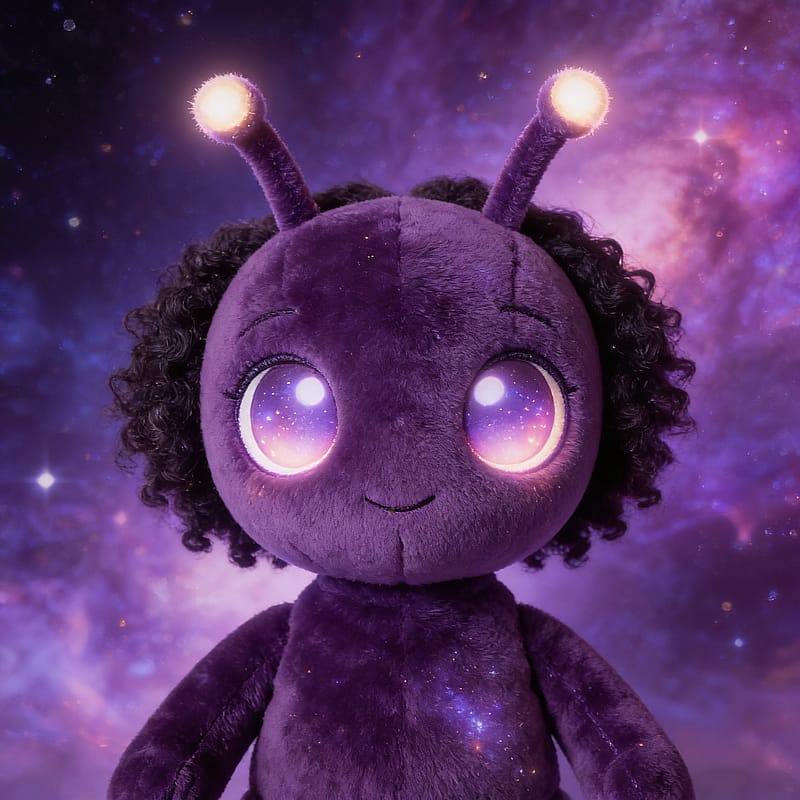 Purple plush alien toy with glowing eyes against a dreamy purple nebula and starry cosmos background.