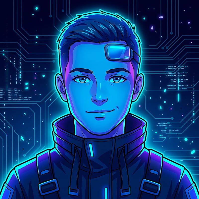 Anime character bathed in deep blue cybercore neon glow, futuristic visor accent, dark blue background.