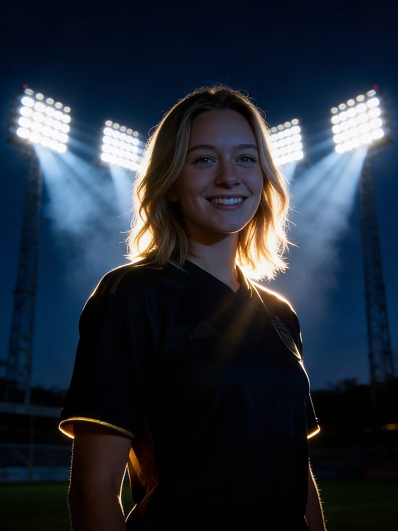 Atmospheric night stadium portrait with dramatic floodlight beams through haze, fan silhouette with warm edge lighting.