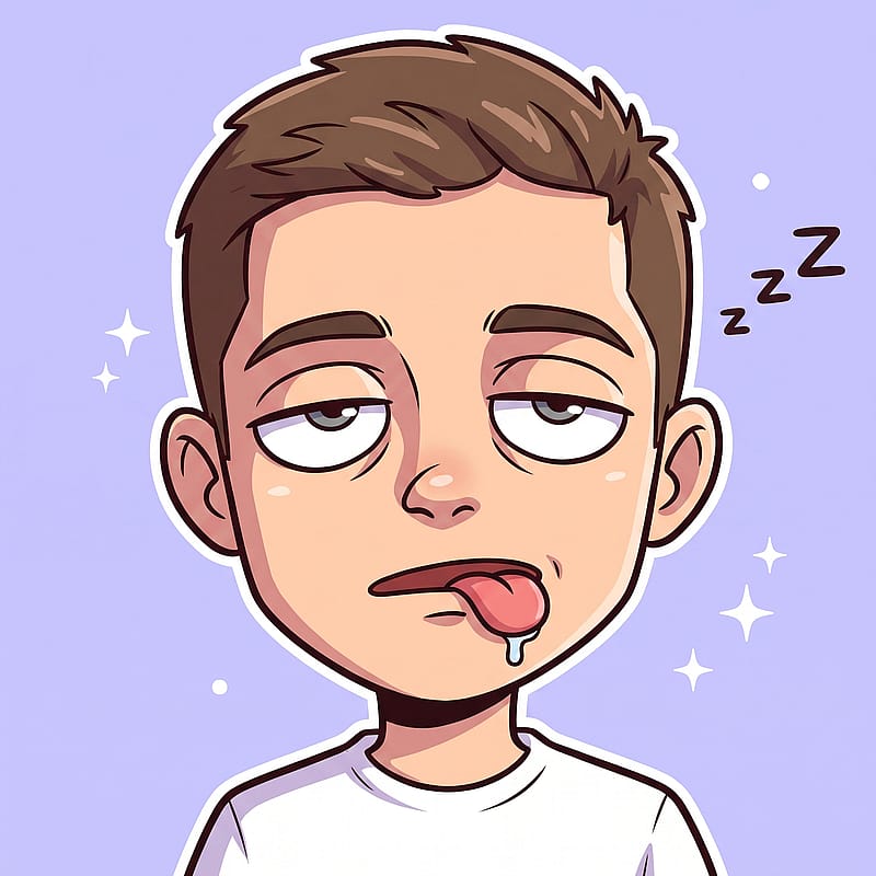 Sleepy derpy anime character with heavy half-closed eyelids and tongue lolling out, drooling blank silly stare.