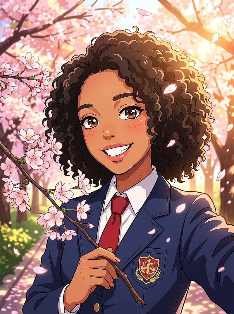 Bright anime school uniform portrait with cherry blossom background and cheerful youthful spring aesthetic.