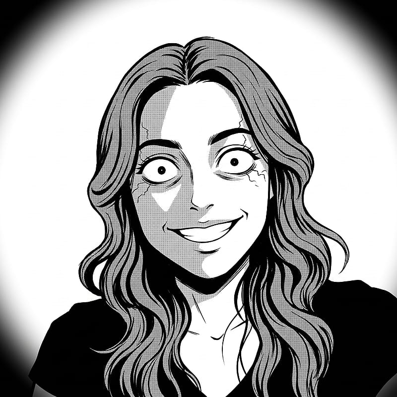Monochrome manga PFP of a sweet yandere smile hiding hollow dark eyes, unsettling calm and ink shadow edge.